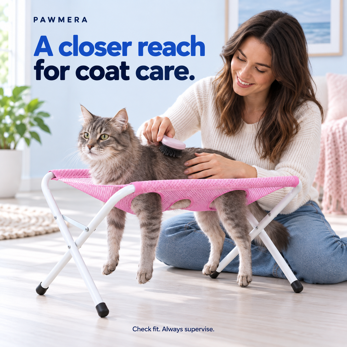 Cat being gently brushed in the pink grooming hammock — AI usage illustration