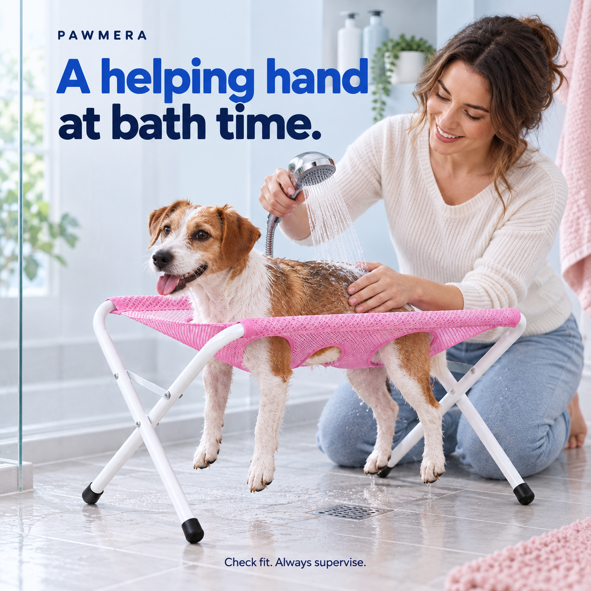 Supervised dog bathing in the pink grooming hammock — AI usage illustration
