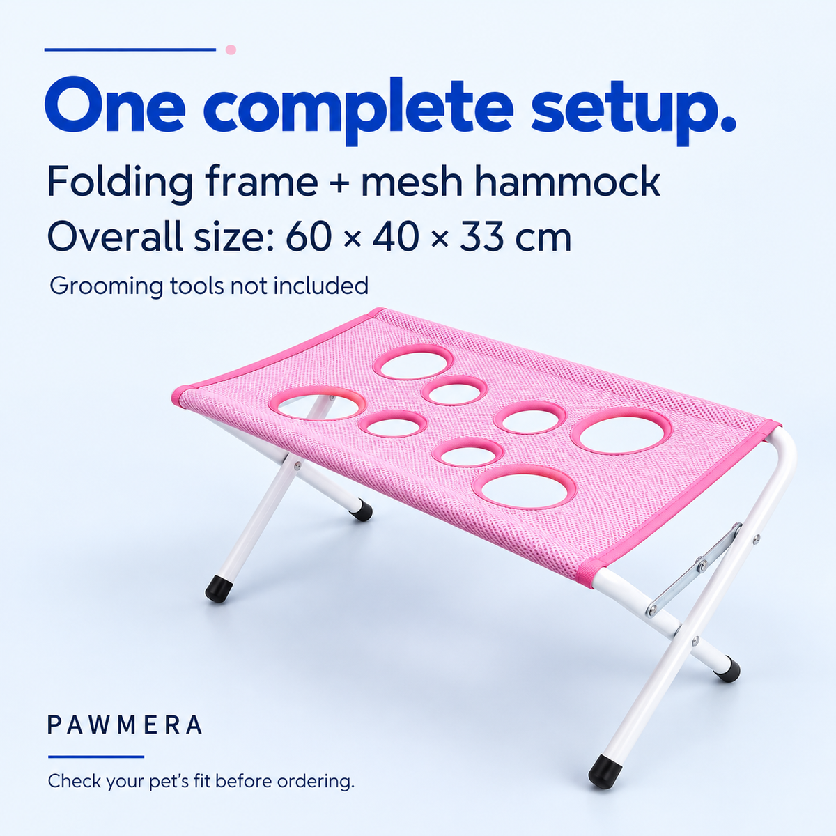 Frame and hammock included; overall stand dimensions 60 x 40 x 33 cm — AI illustration