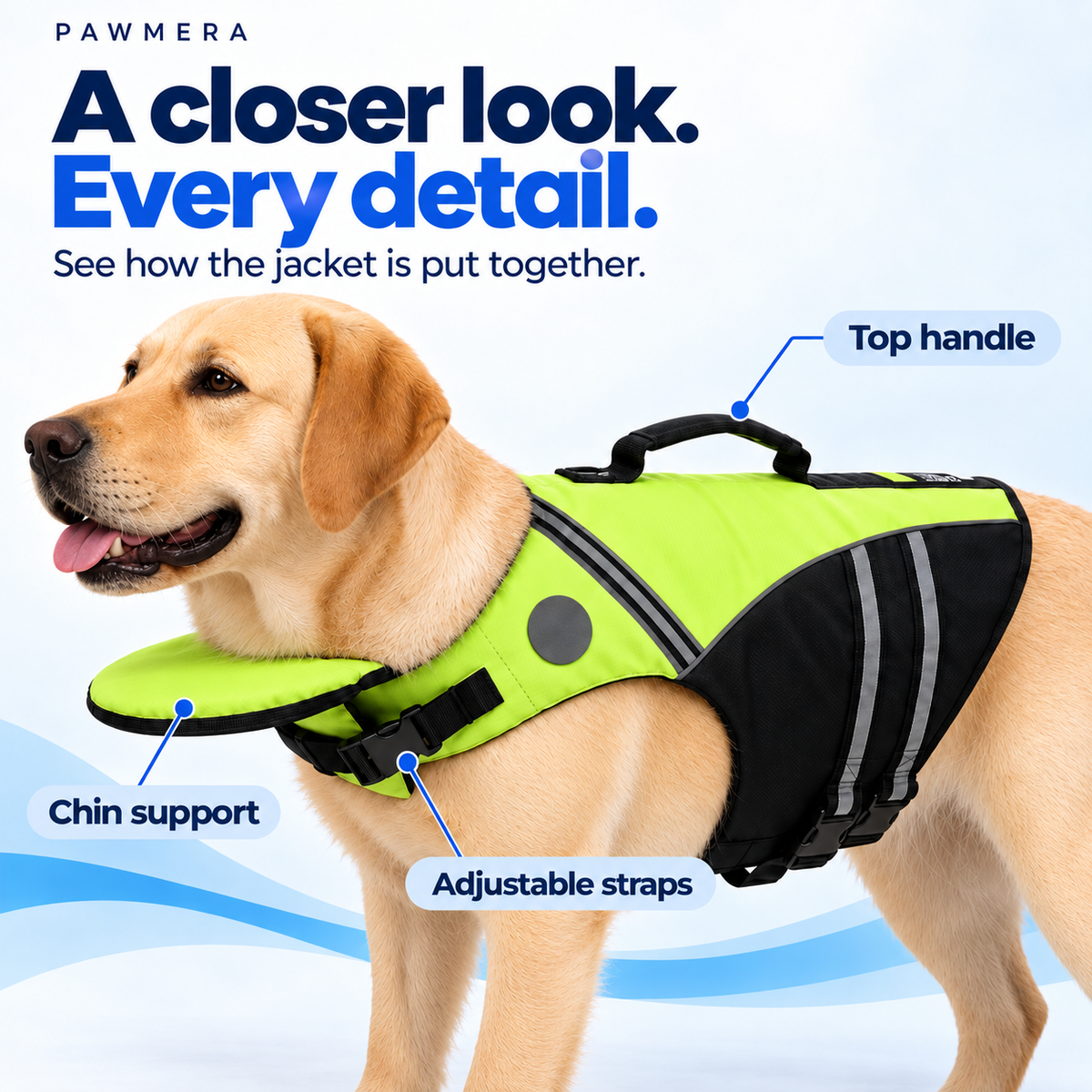 CoveTail dog life jacket by Pawmera — labrador details