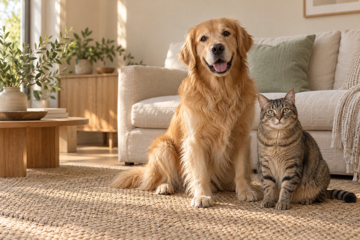 Golden retriever and tabby cat resting together in a warm, welcoming home