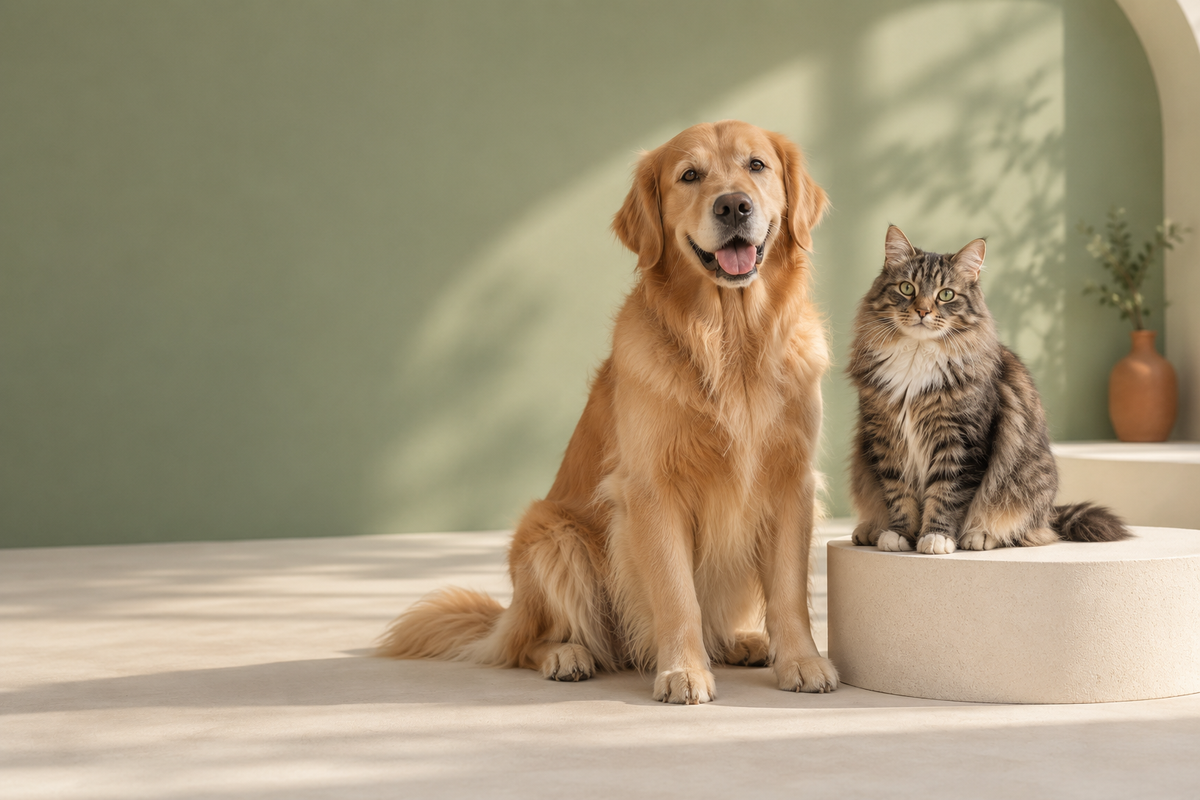 Pawmera brand illustration: a golden retriever and tabby cat in a sunlit sage studio.